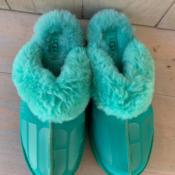 UGG DISQUETTE SCATTER GRAPHIC GREEN PLATFORM SLIPPERS WOMENS US 8 NEW - Picture 6 of 8